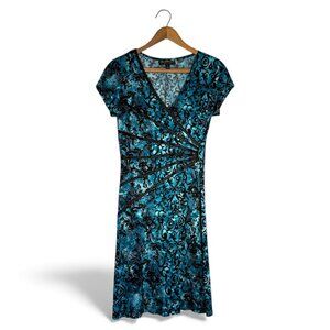 Connected Apparel Blue & Black Paisley Faux Wrap Midi Dress Size 8 Petite